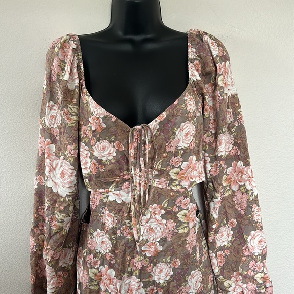 Forever 21 Brown Floral Cut Out Puff Long Sleeve Tie Neck Mini Dress - Picture 8 of 15